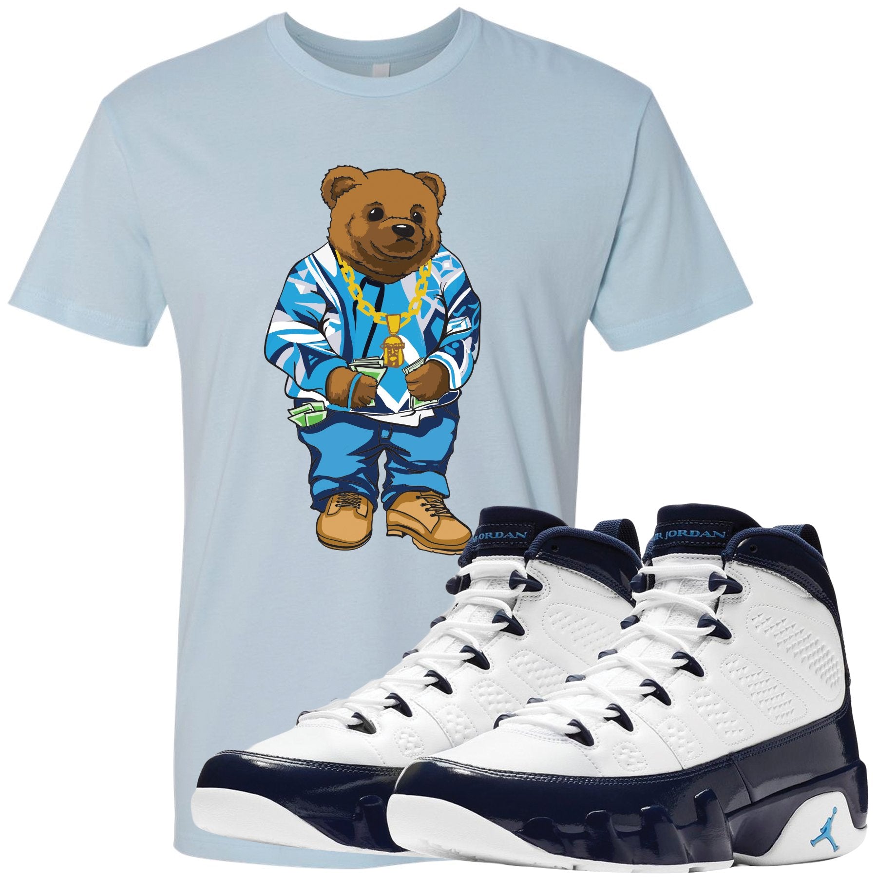 Match your pair of Jordan 9 UNC All Star Blue Pearl sneakers with this sneaker matching Jordan 9 UNC tee