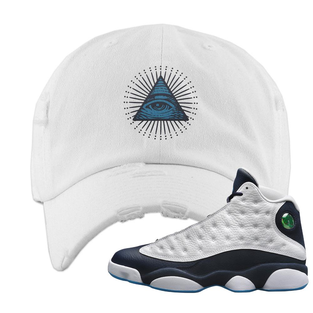 Obsidian 13s Distressed Dad Hat | All Seeing Eye, White
