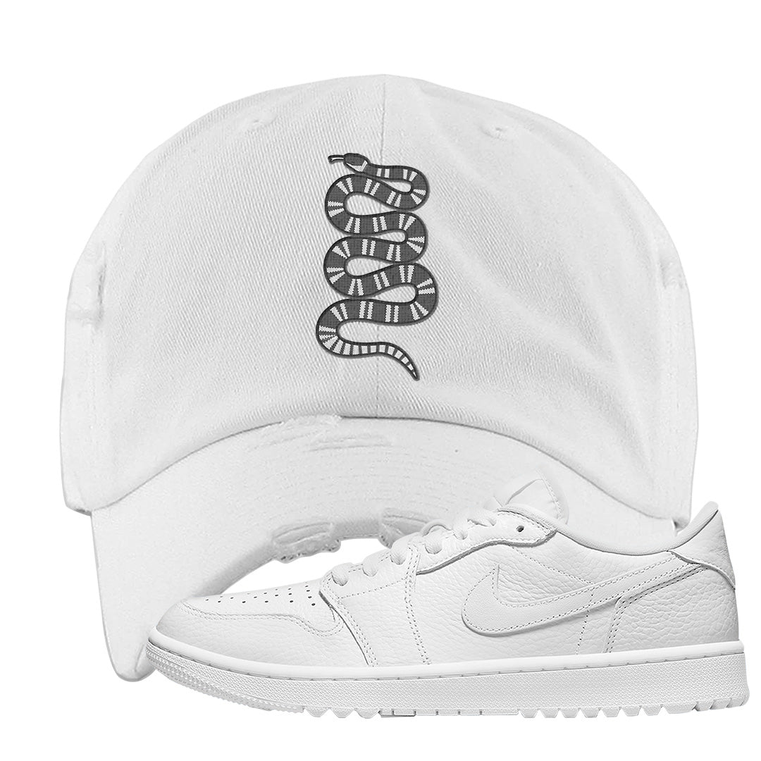 Triple White Golf Low 1s Distressed Dad Hat | Coiled Snake, White