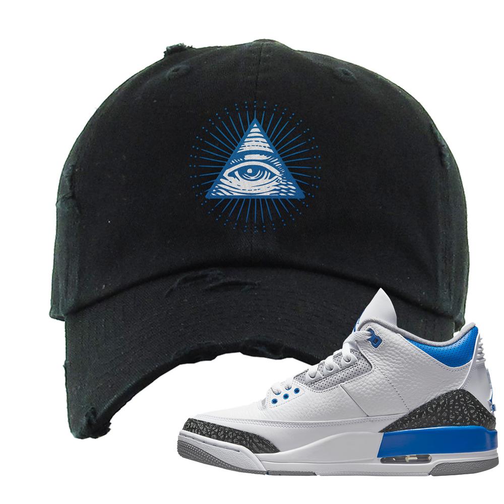 Racer Blue 3s Distressed Dad Hat | All Seeing Eye, Black