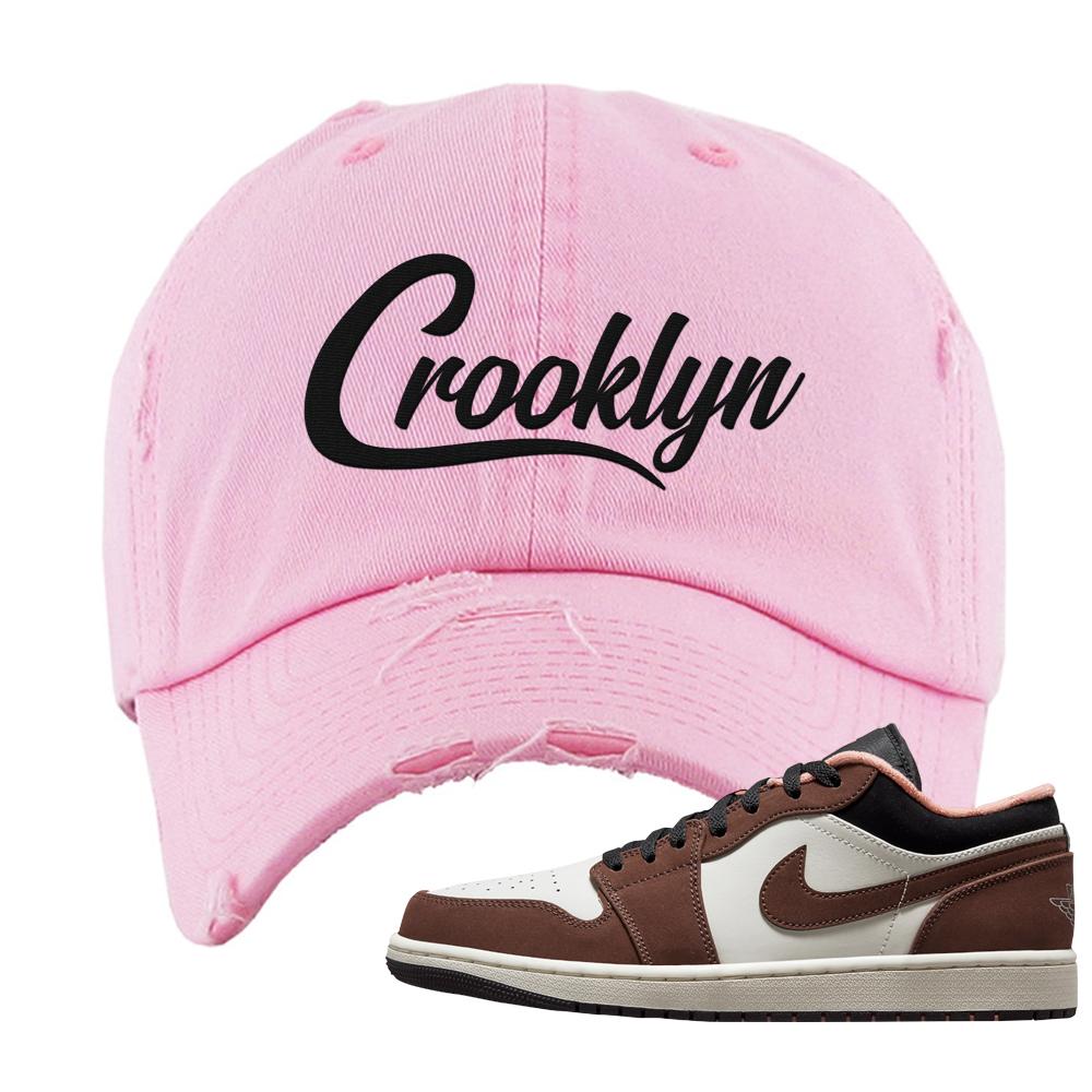 Mocha Low 1s Distressed Dad Hat | Crooklyn, Light Pink