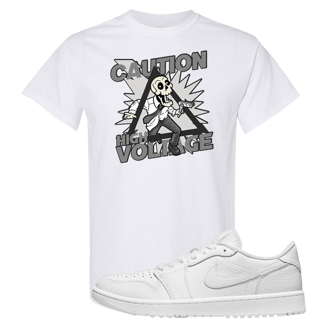 Triple White Golf Low 1s T Shirt | Caution High Voltage, White