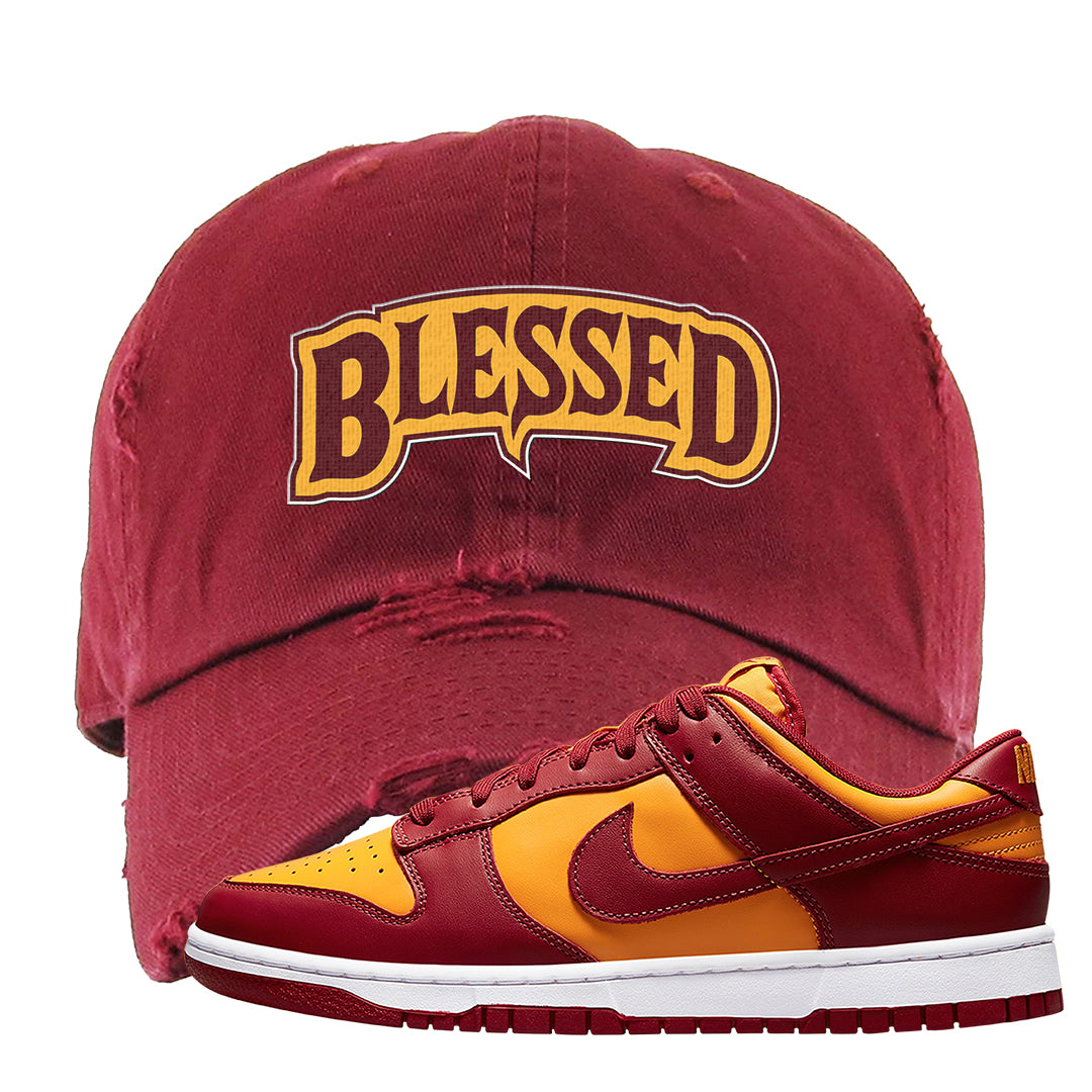 Midas Gold Low Dunks Distressed Dad Hat | Blessed Arch, Maroon