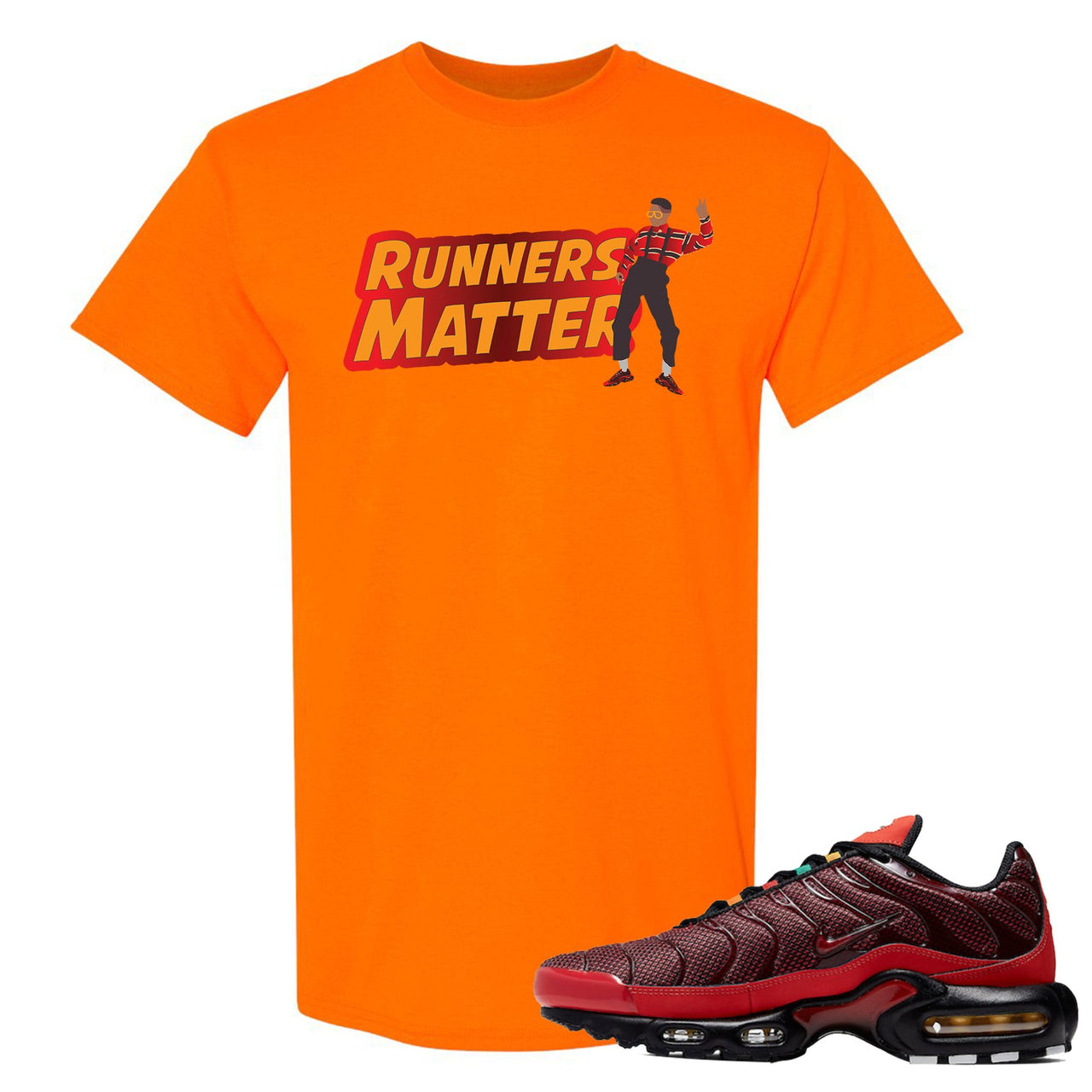 printed on the front of the air max plus sunburst sneaker matching orange tee shirt is the runners matter logo