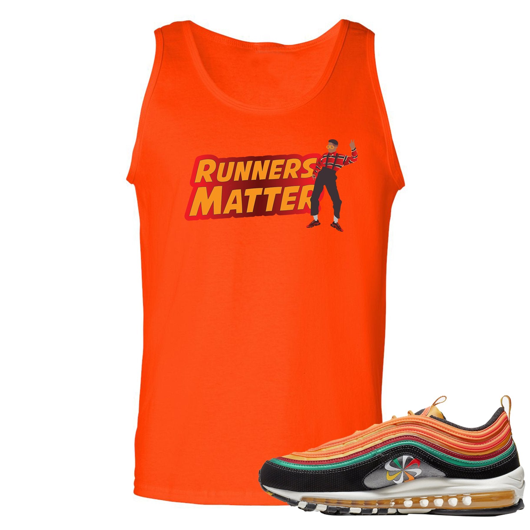 Printed on the front of the Air Max 97 Sunburst orange sneaker matching tank top is the Runners matter logo