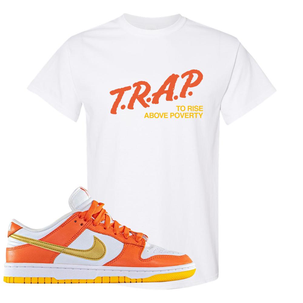Golden Orange Low Dunks T Shirt | Trap To Rise Above Poverty, White