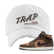 Earthy Brown Mid 1s Distressed Dad Hat | Trap To Rise Above Poverty, White