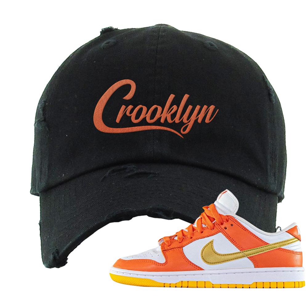 Golden Orange Low Dunks Distressed Dad Hat | Crooklyn, Black
