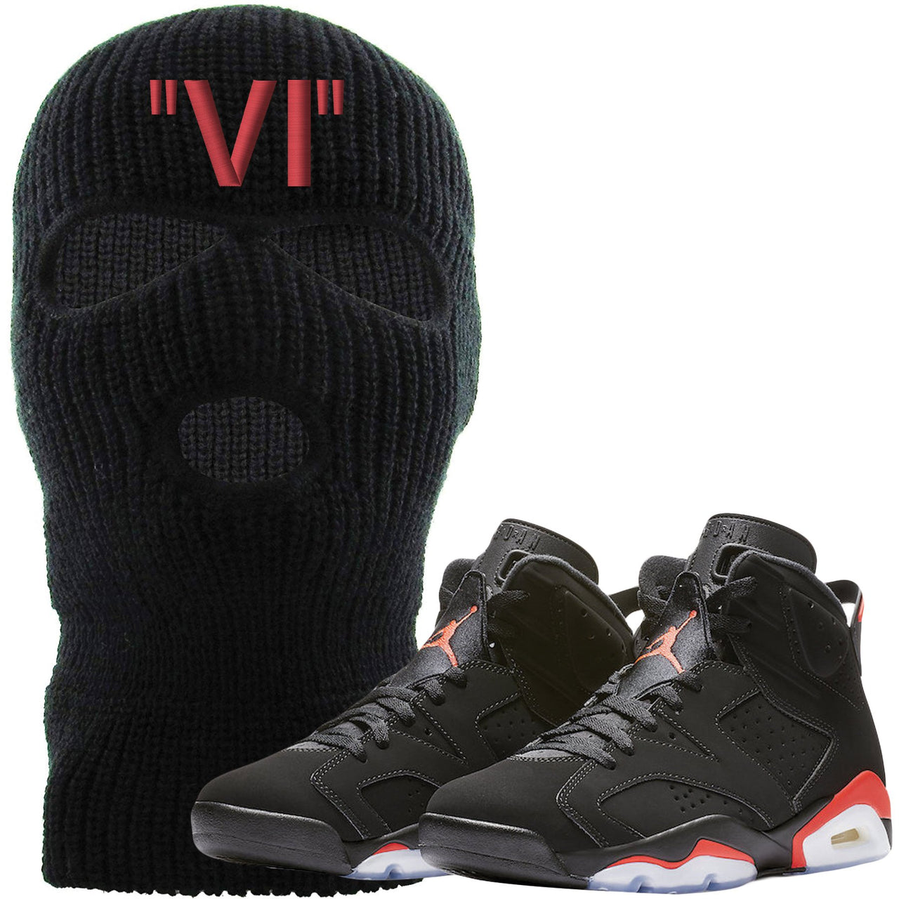 The Jordan 6 Infrared Ski Mask is custom designed to perfectly match the retro Jordan 6 Infrared sneakers from Nike.