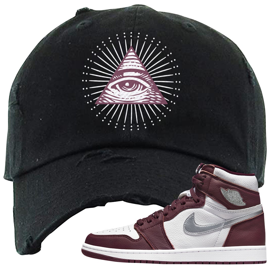 Bordeaux 1s Distressed Dad Hat | All Seeing Eye, Black