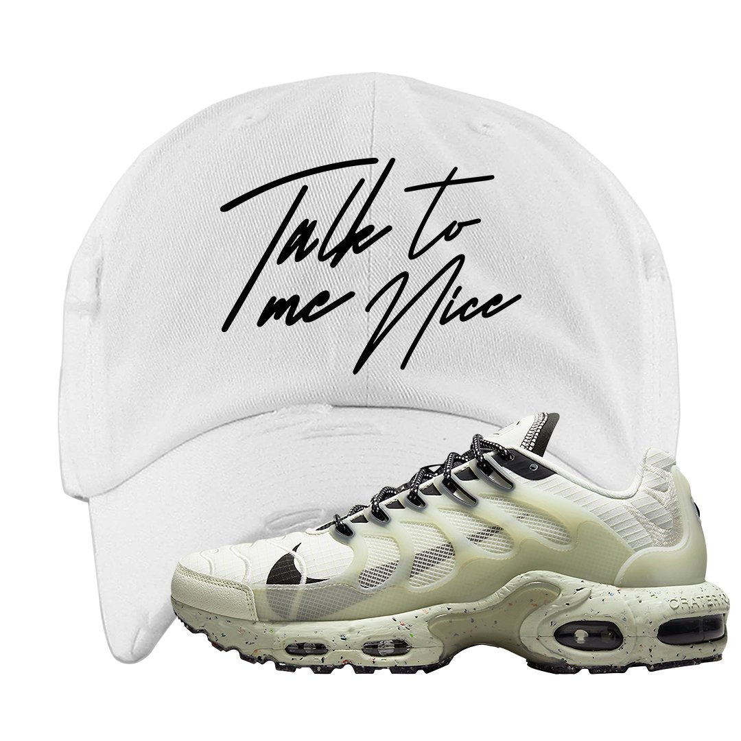 Terrascape Light Bone Pluses Distressed Dad Hat | Talk To Me Nice, White