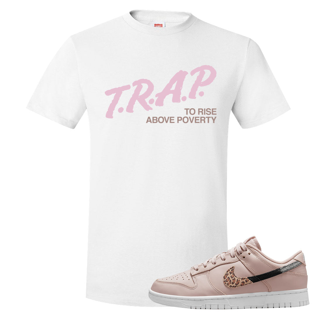 Primal Dusty Pink Leopard Low Dunks T Shirt | Trap To Rise Above Poverty, White