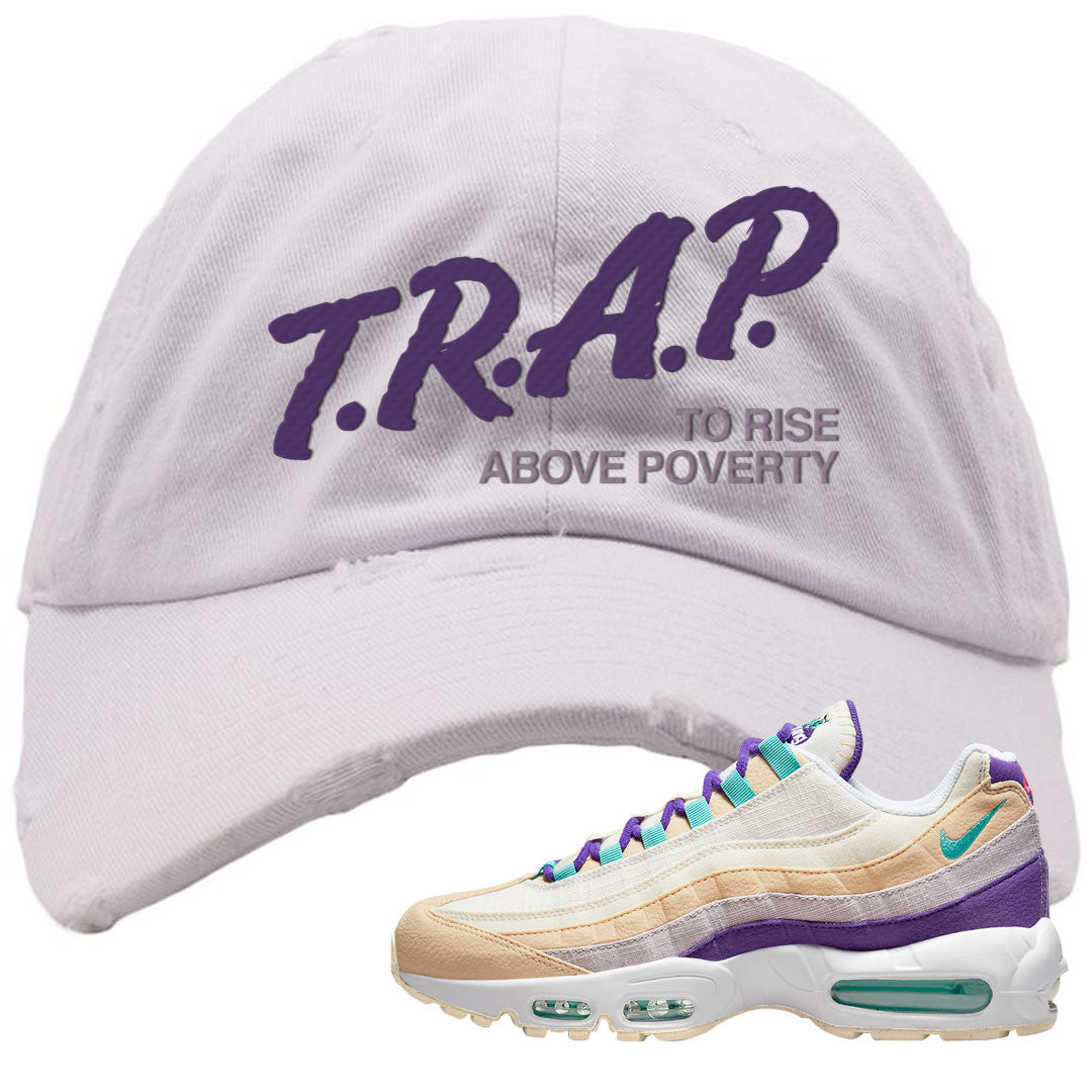 Sprung Natural Purple 95s Distressed Dad Hat | Trap To Rise Above Poverty, White