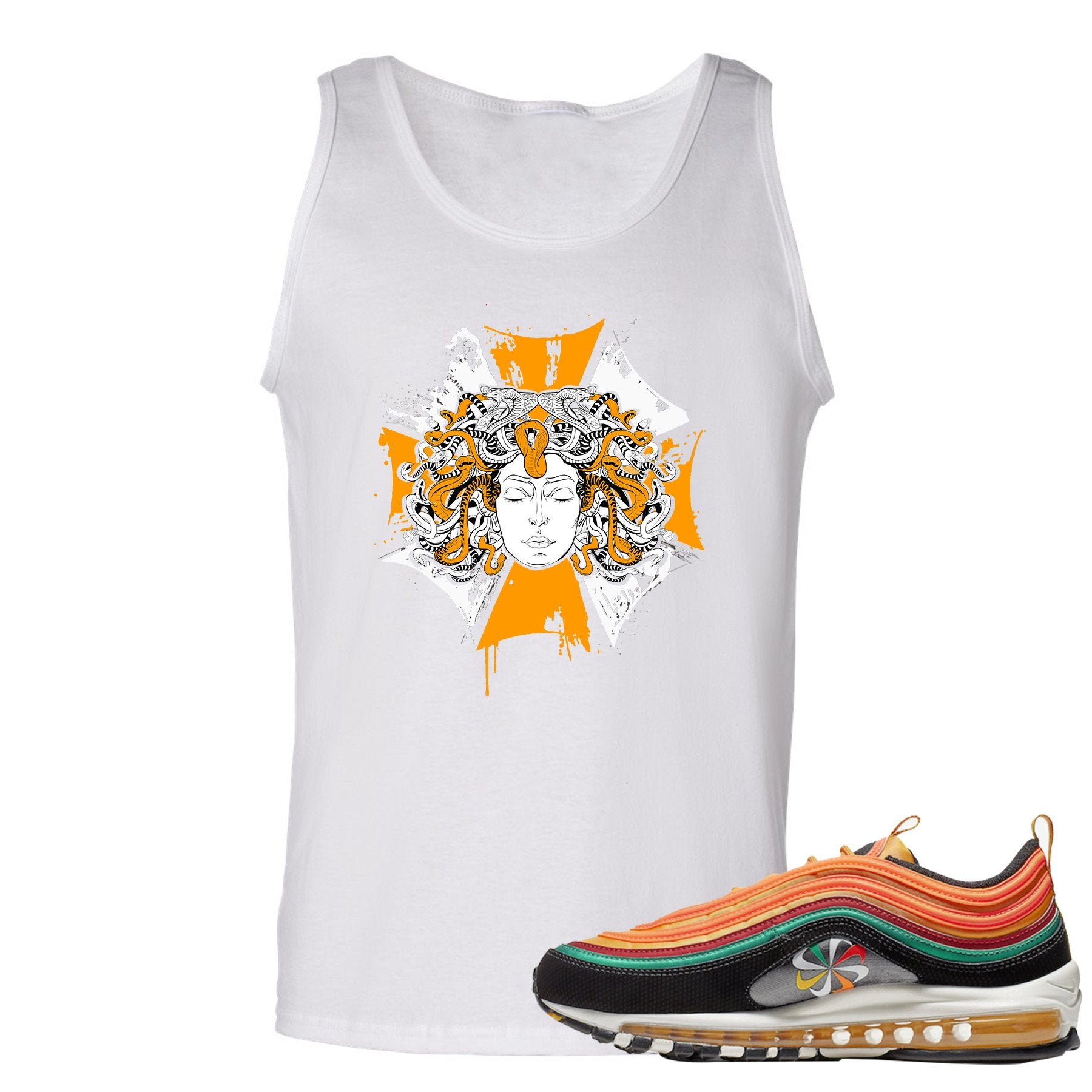 Printed on the front of the Air Max 97 Sunburst white sneaker matching tank top is the medusa sunburst logo