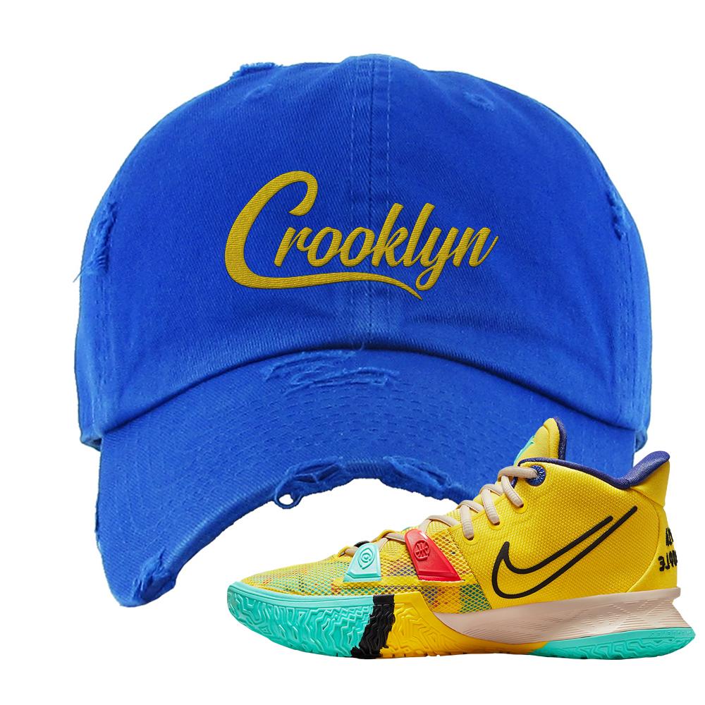 1 World 1 People Yellow 7s Distressed Dad Hat | Crooklyn, Royal