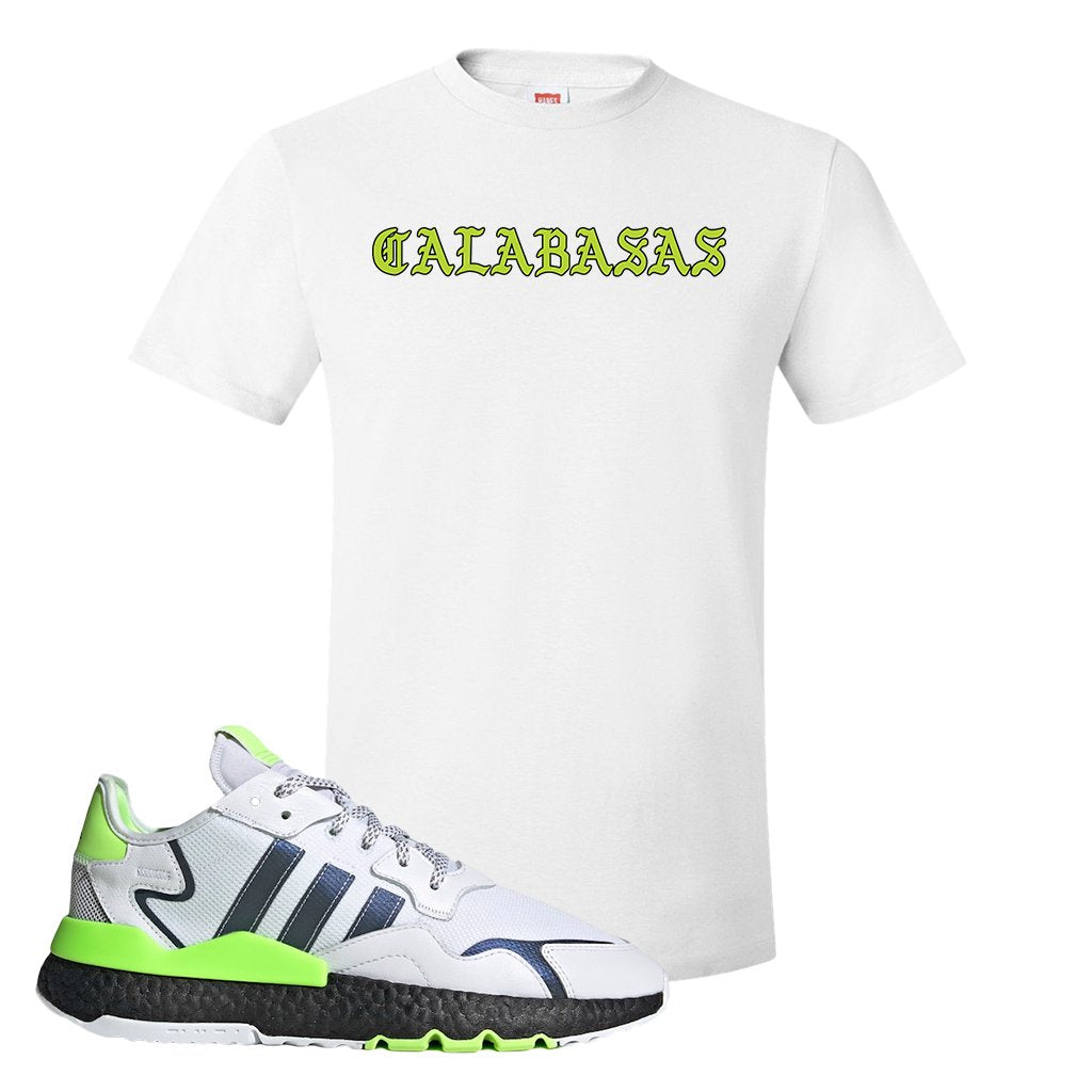 Nite Jogger Signal Green Sneaker White T Shirt | Tees to match Adidas Nite Jogger Signal Green Shoes | Calabasas