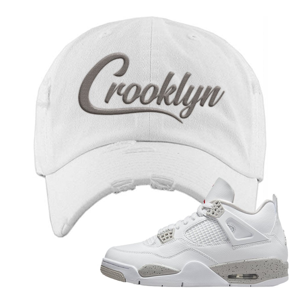 Tech Grey 4s Distressed Dad Hat | Crooklyn, White