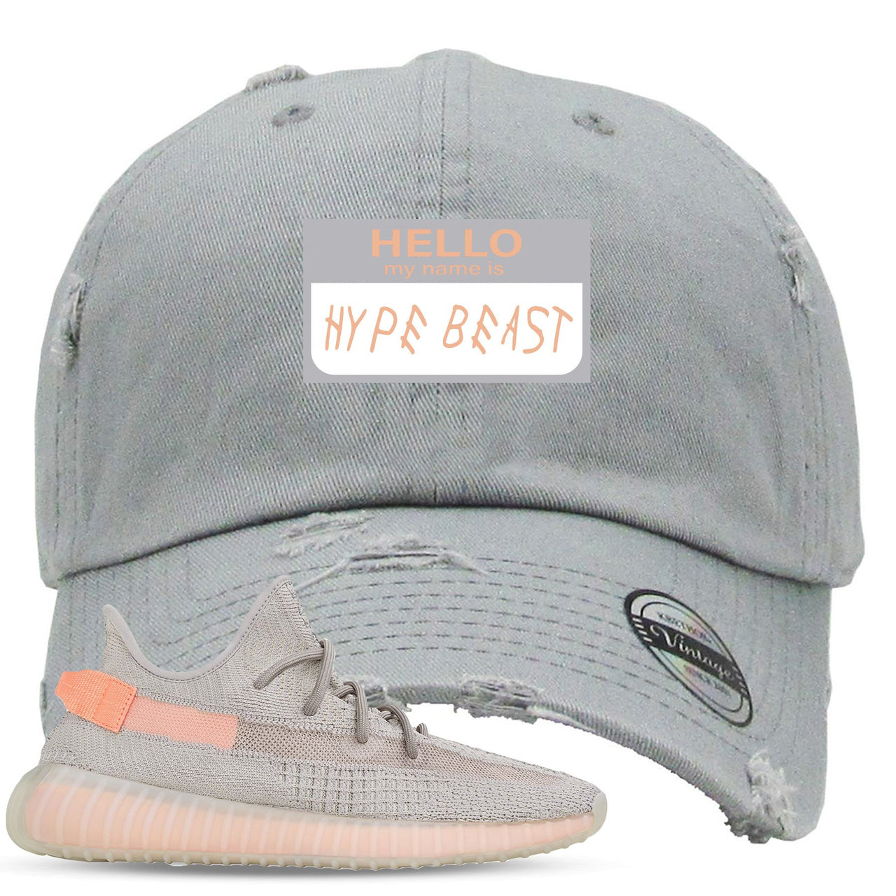 True Form v2 350s Distressed Dad Hat | Hello My Name Is Hype Beast Woe, Light Gray