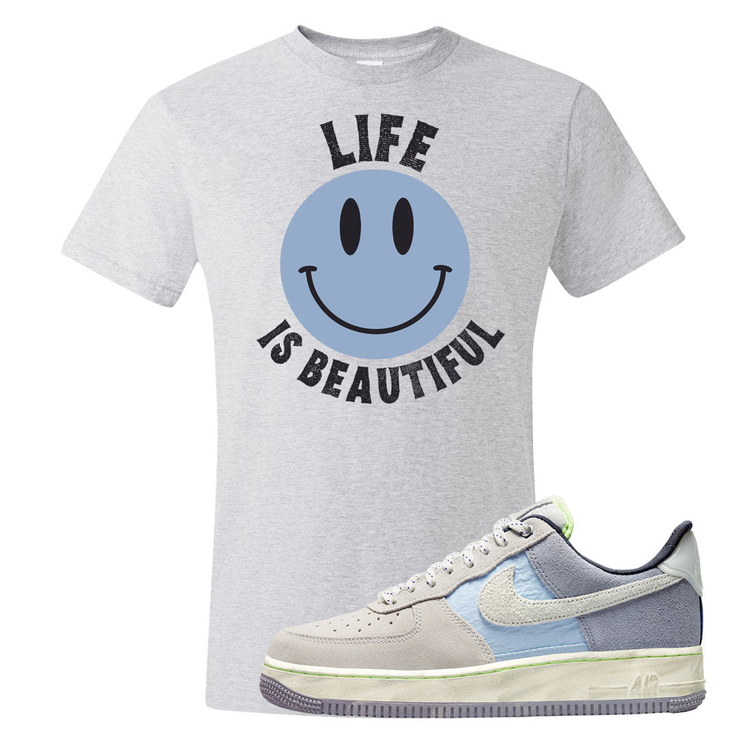 Womens Mountain White Blue AF 1s T Shirt | Smile Life Is Beautiful, Ash