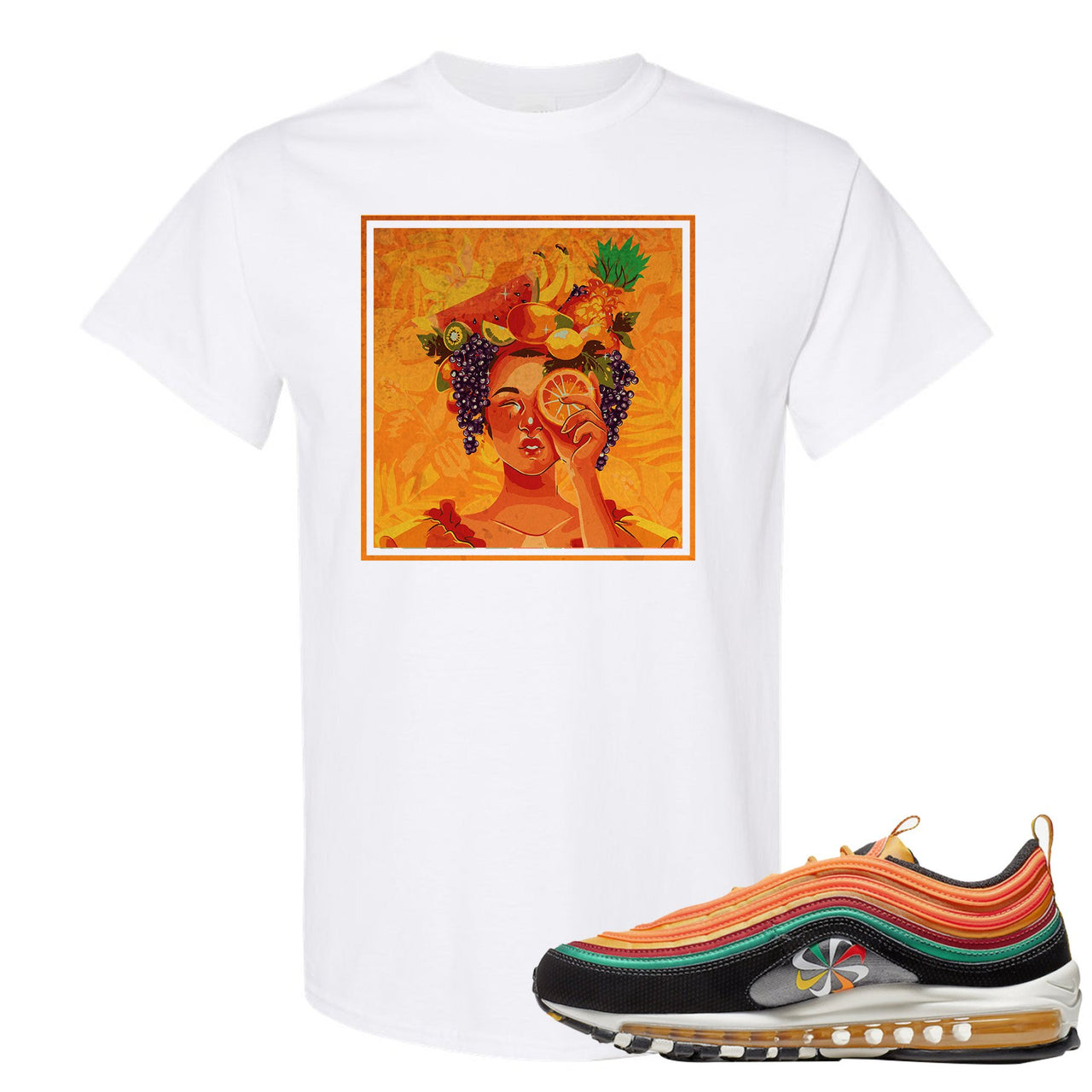 Printed on the front of the Air Max 97 Sunburst white sneaker matching t-shirt is the Lady Fruit logo