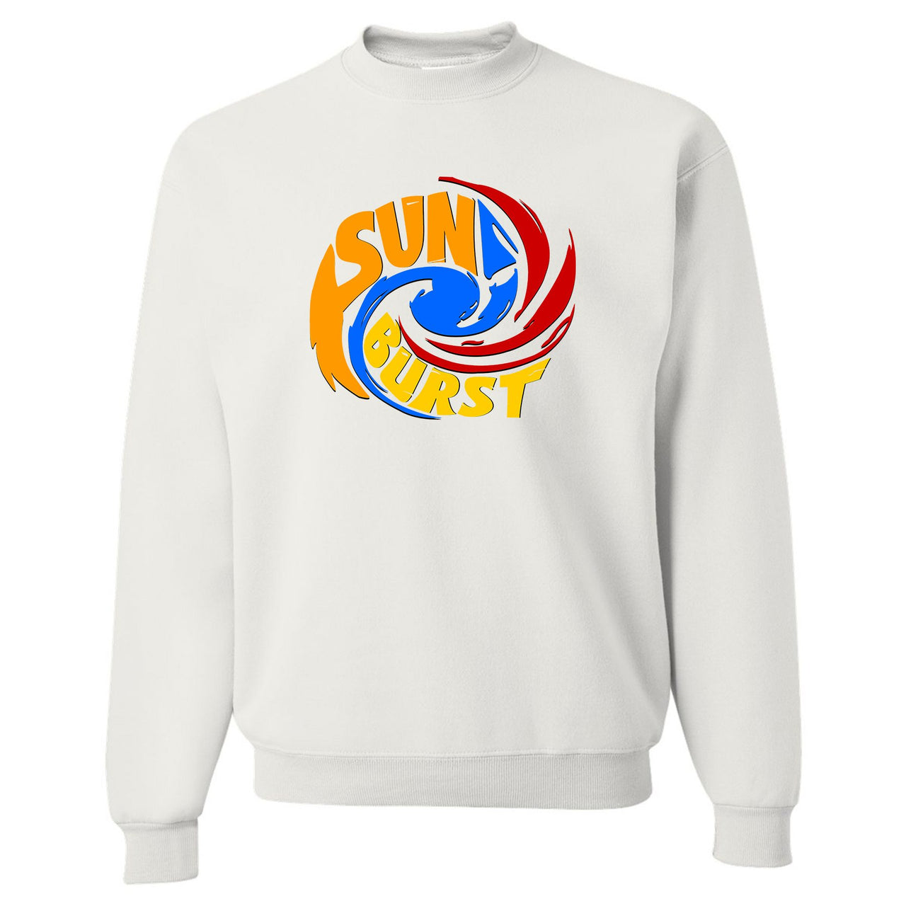 Printed on the front of the Air Max 97 Sunburst white sneaker matching crewneck sweatshirt is the Sunburst Hurricane logo