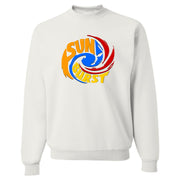 Printed on the front of the Air Max 97 Sunburst white sneaker matching crewneck sweatshirt is the Sunburst Hurricane logo