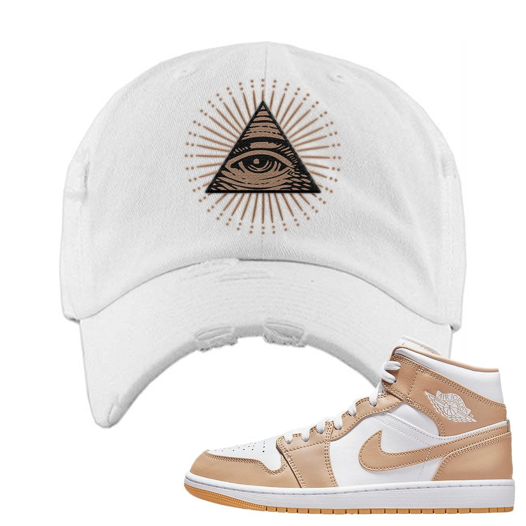 Air Jordan 1 Mid Tan Leather Distressed Dad Hat | All Seeing Eye, White