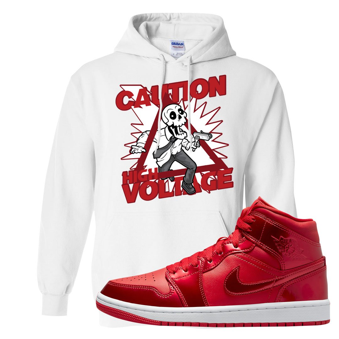 University Red Pomegranate Mid 1s Hoodie | Caution High Voltage, White