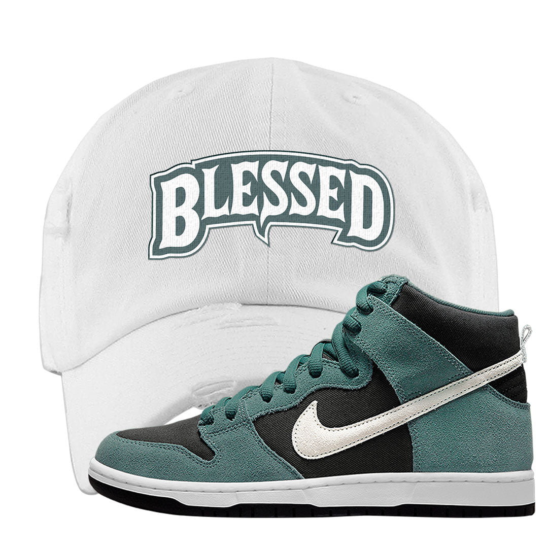 Green Suede High Dunks Distressed Dad Hat | Blessed Arch, White