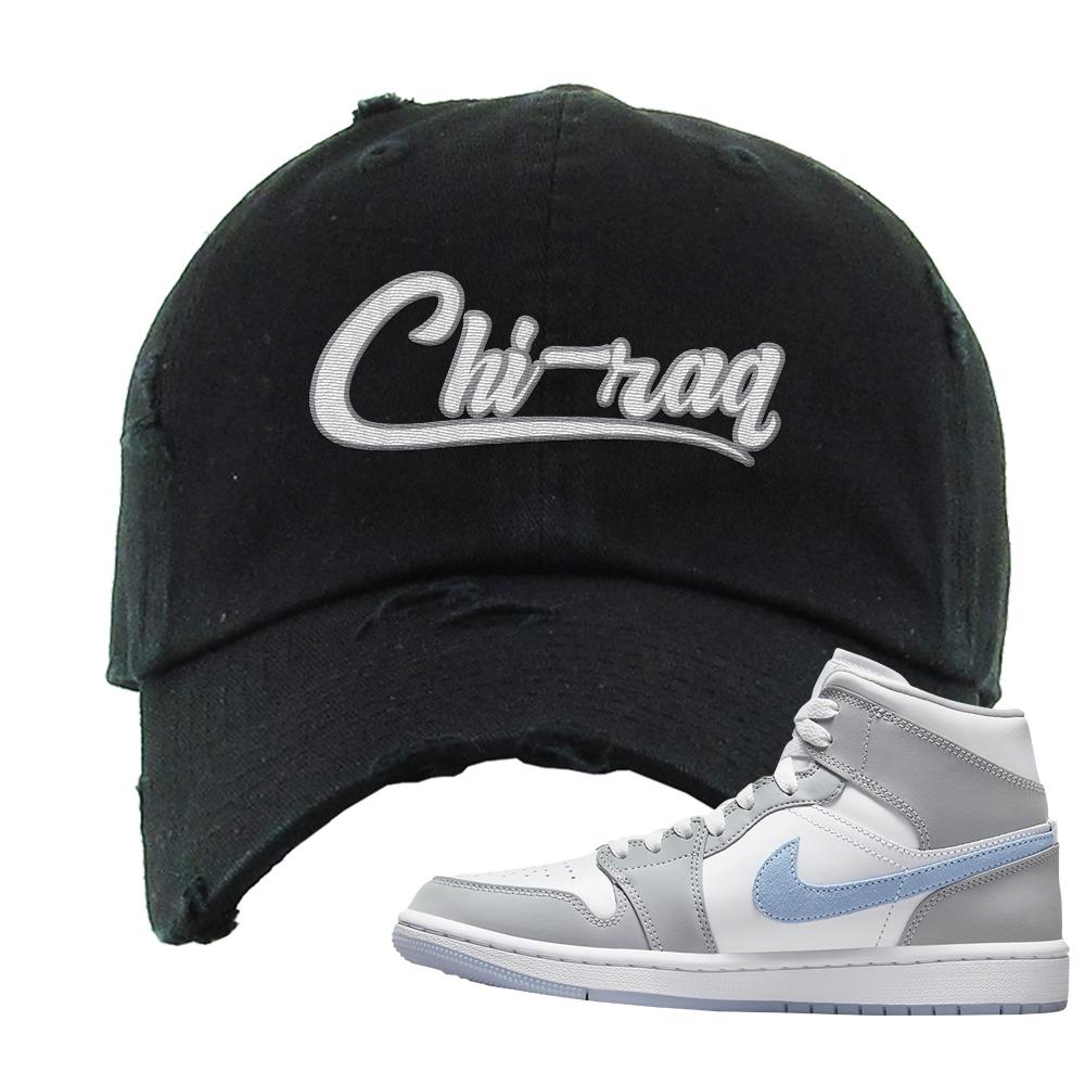 Air Jordan 1 Mid Grey Ice Blue Distressed Dad Hat | Chiraq, Black