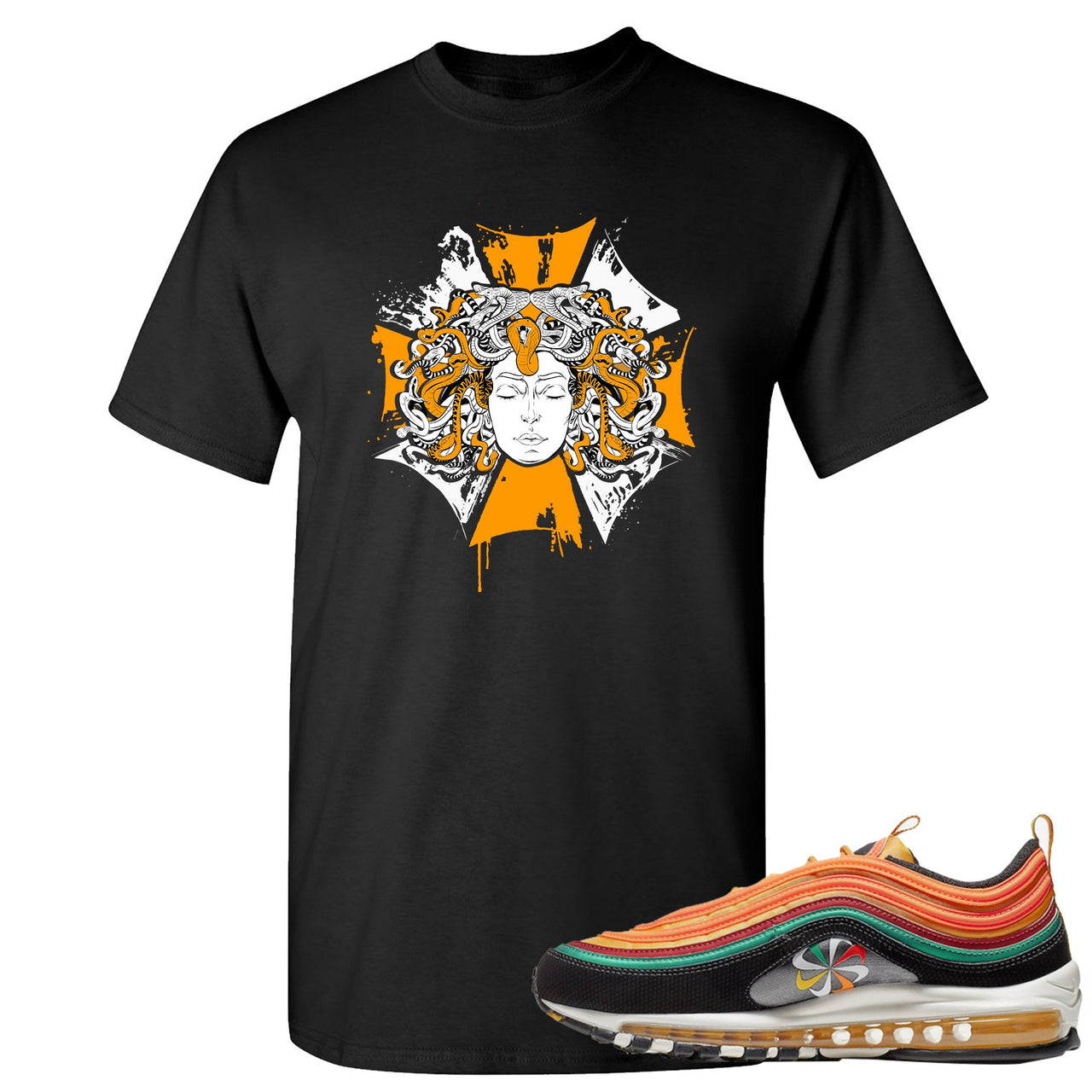 Printed on the front of the Air Max 97 Sunburst black sneaker matching t-shirt is the Medusa logo