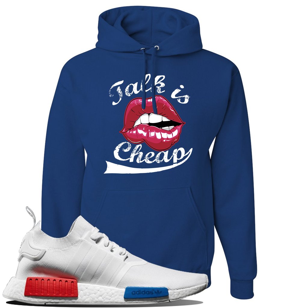 NMD R1 V2 White Red Blue Sneaker Blue Pullover Hoodie | Hoodie to match Adidas NMD R1 V2 White Red Blue Shoes | Talk Is Cheap