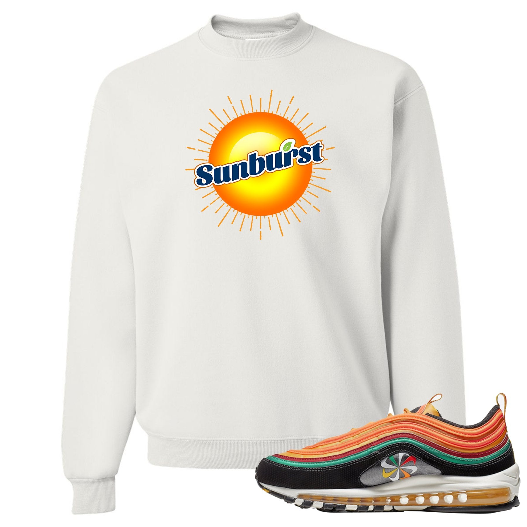 Printed on the front of the Air Max 97 Sunburst White sneaker matching crewneck sweatshirt is the Sunburst soda logo