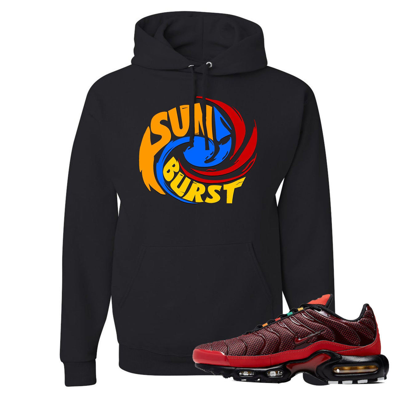 printed on the front of the air max plus sunburst sneaker matching black pullover hoodie is the sunburst hurricane logo