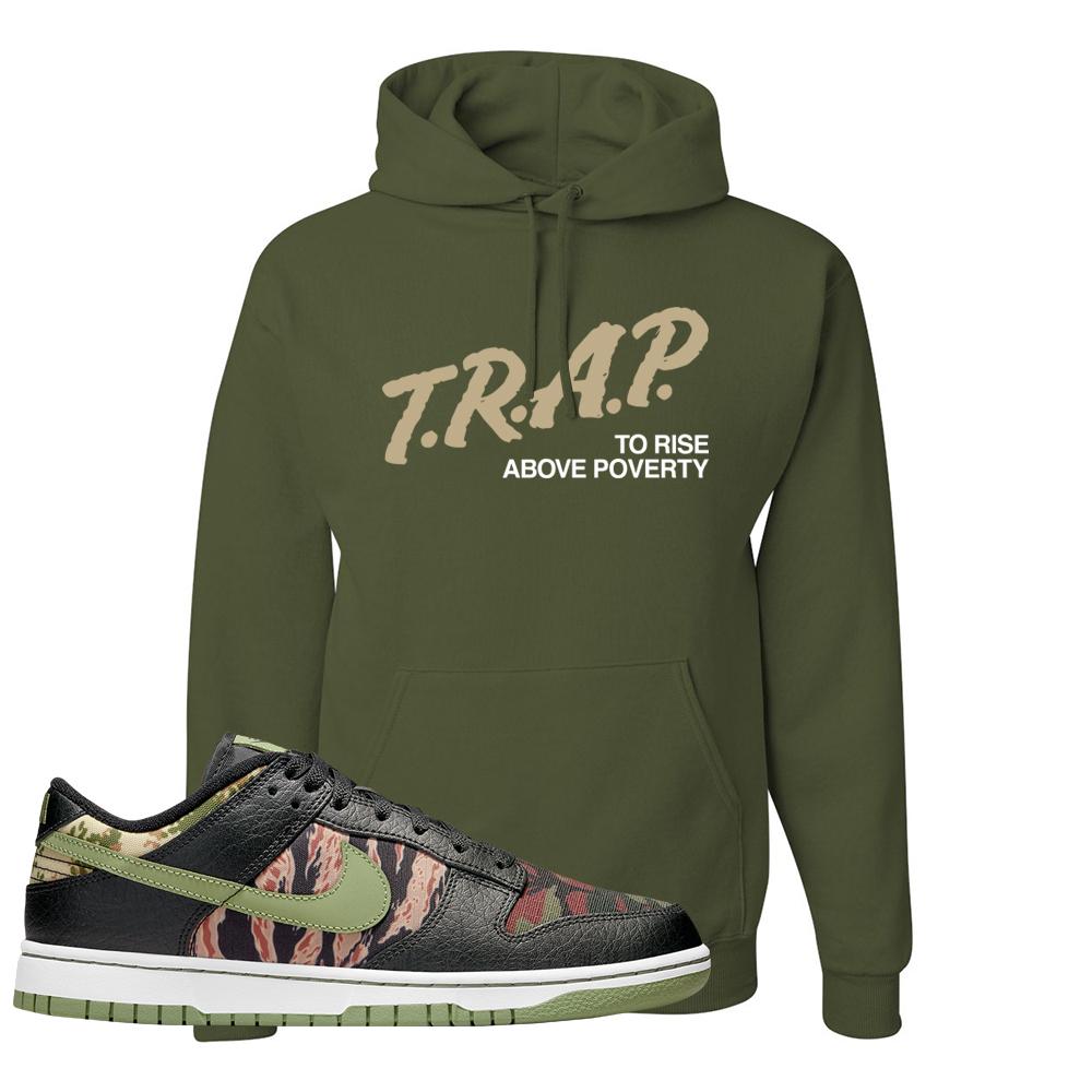 Multi Camo Low Dunks Hoodie | Trap To Rise Above Poverty, Military Green