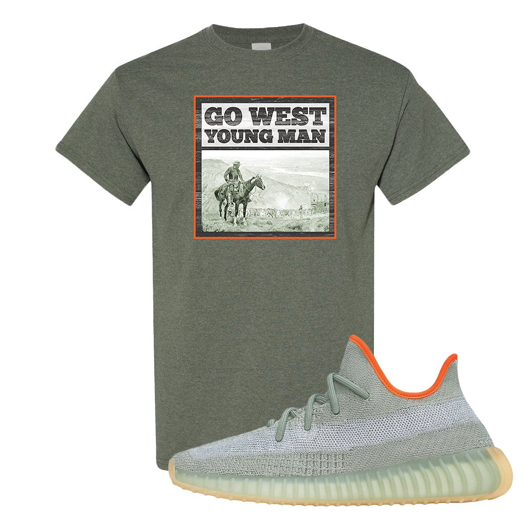 Yeezy 350 V2 Desert Sage Sneaker T Shirt |Go West Young Man | Heather Military Green