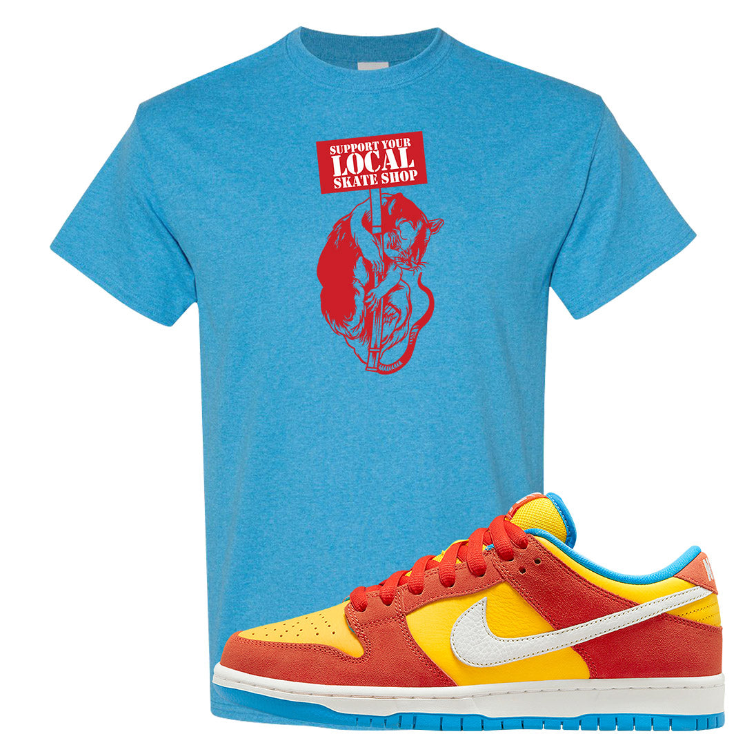 Habanero Red Gold Blue Low Dunks T Shirt | Support Your Local Skate Shop, Heather Sapphire