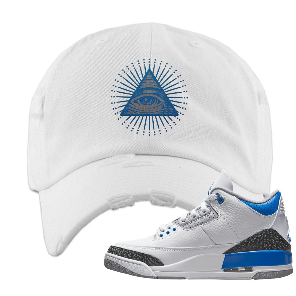 Racer Blue 3s Distressed Dad Hat | All Seeing Eye, White