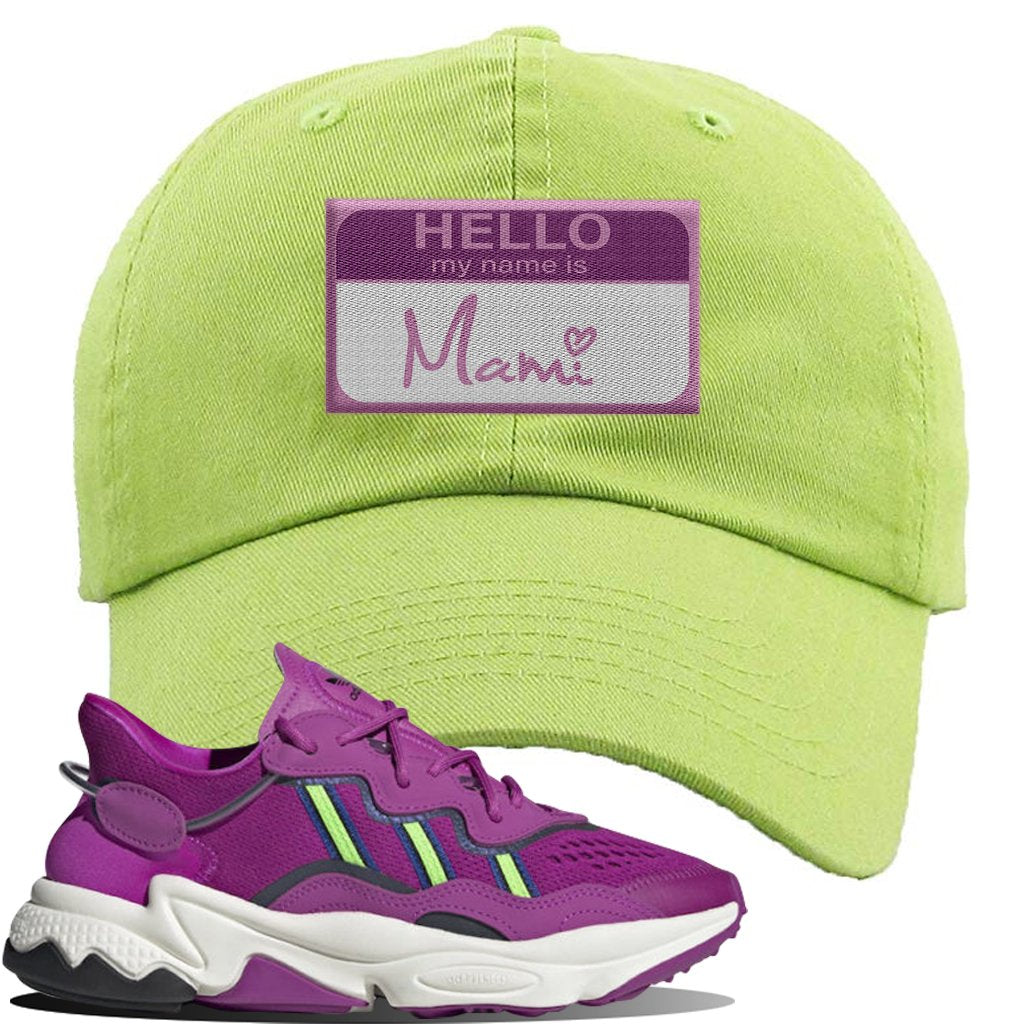 Ozweego Vivid Pink Sneaker Lime Green Dad Hat | Hat to match Adidas Ozweego Vivid Pink Shoes | Hello my Name is Mami