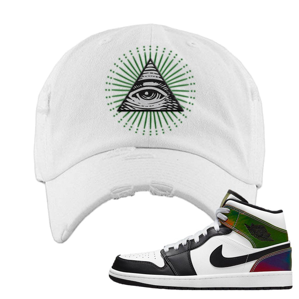 Color Change Mid 1s Distressed Dad Hat | All Seeing Eye, White