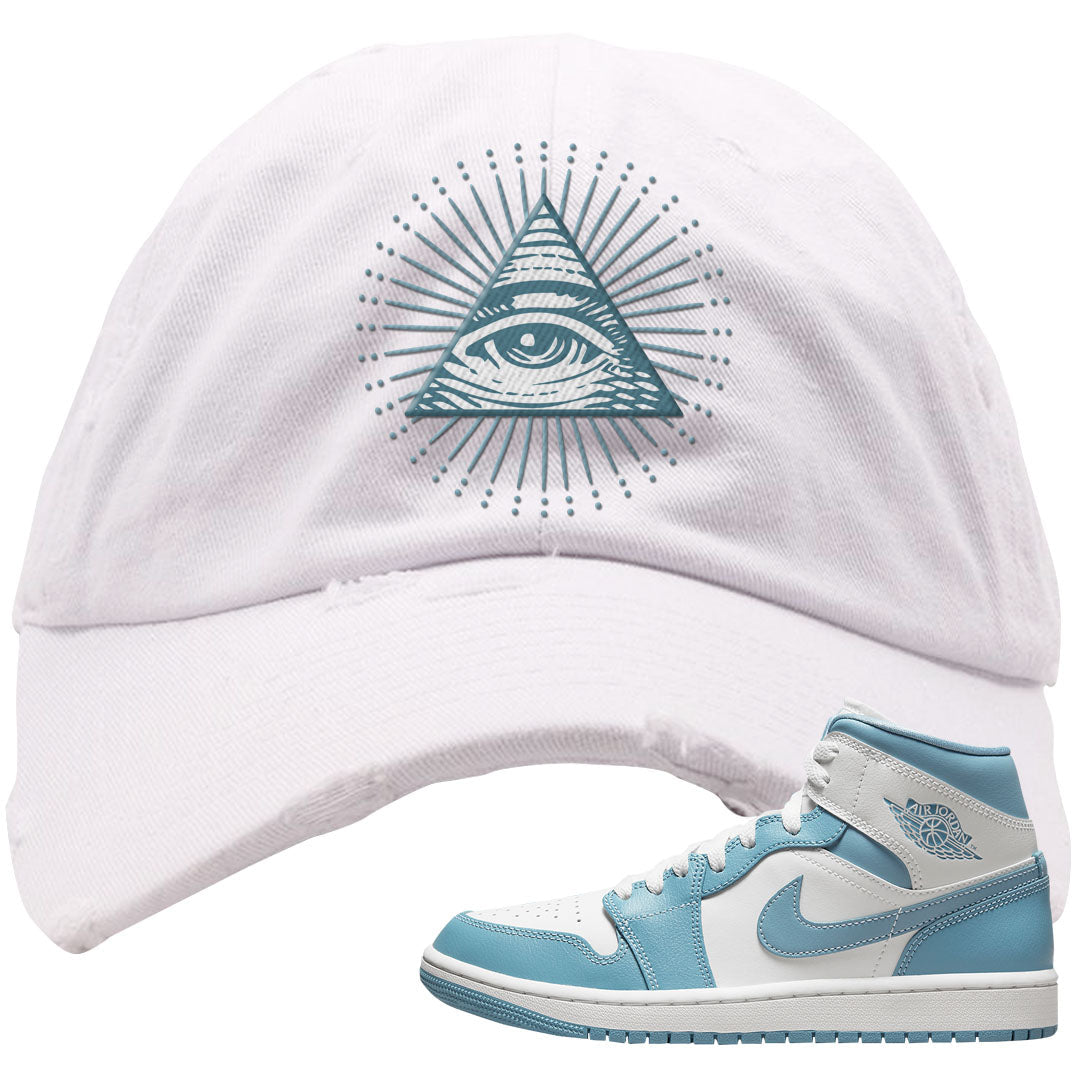 University Blue Mid 1s Distressed Dad Hat | All Seeing Eye, White