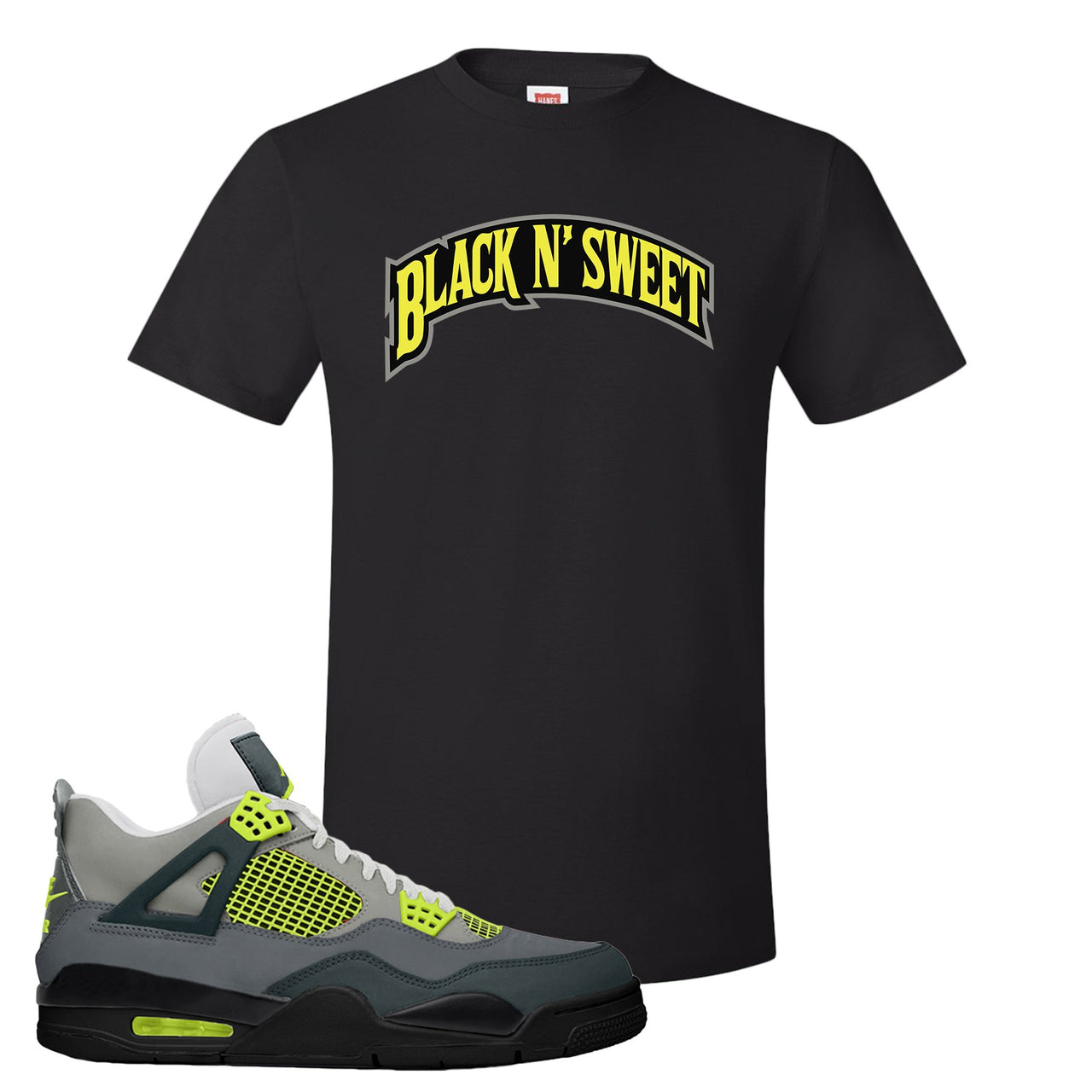 Jordan 4 Neon Sneaker Black T Shirt | Tees to match Nike Air Jordan 4 Neon Shoes | Black N Sweet Arch