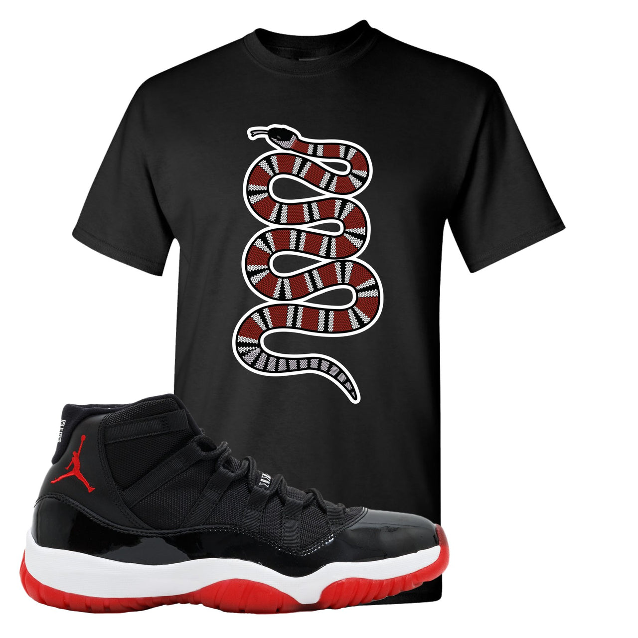 Jordan 11 Bred Coiled Snake Black Sneaker Hook Up T-Shirt