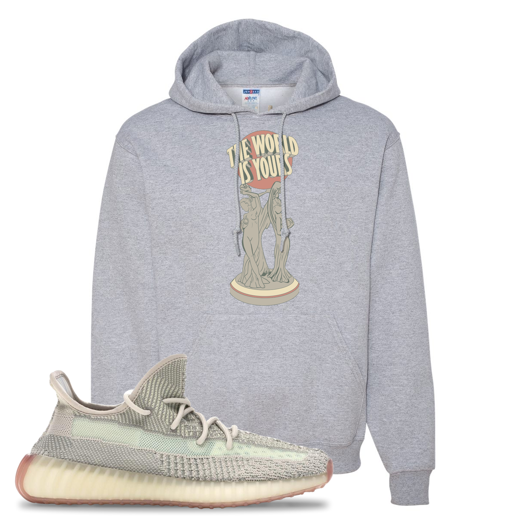 Yeezy Boost 350 V2 Citrin Non-Reflective The World Is Yours Statue Athletic Heather Sneaker Matching Pullover Hoodie