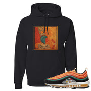 Printed on the front of the Air Max 97 Sunburst black sneaker matching pullover hoodie is the vintage egyptian logo