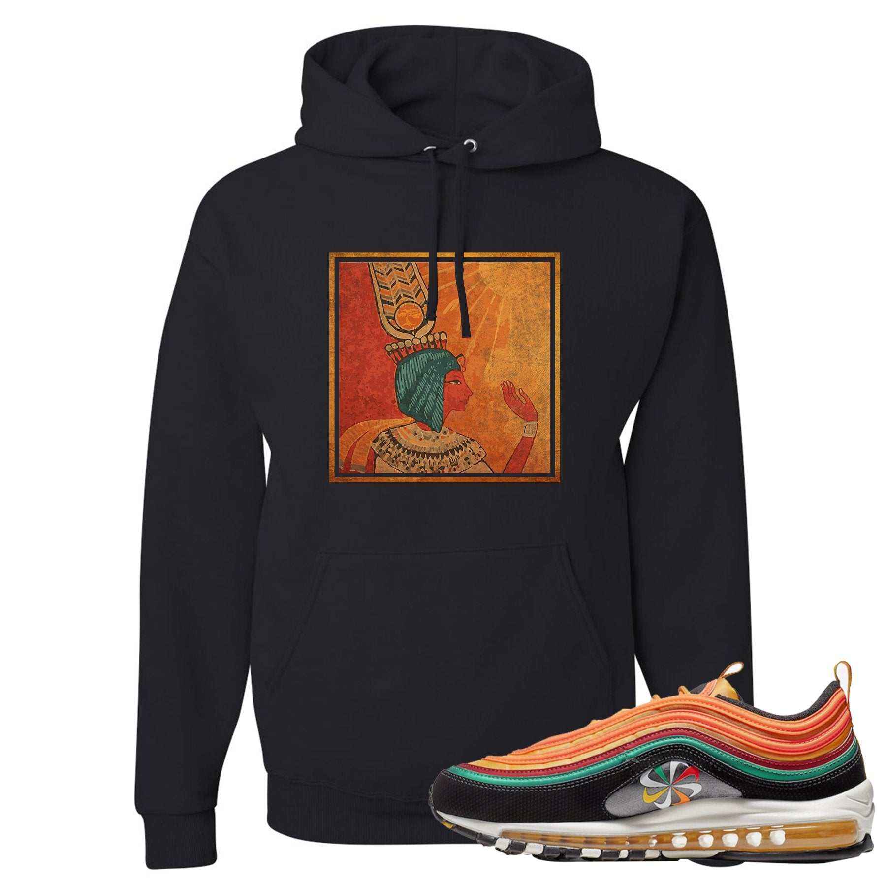 Printed on the front of the Air Max 97 Sunburst black sneaker matching pullover hoodie is the vintage egyptian logo