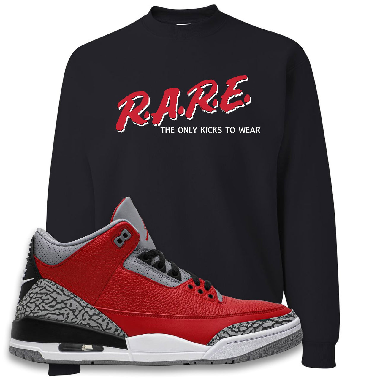 Chicago Exclusive Jordan 3 Red Cement Sneaker Black Crewneck Sweatshirt | Crewneck to match Jordan 3 All Star Red Cement Shoes | Rare