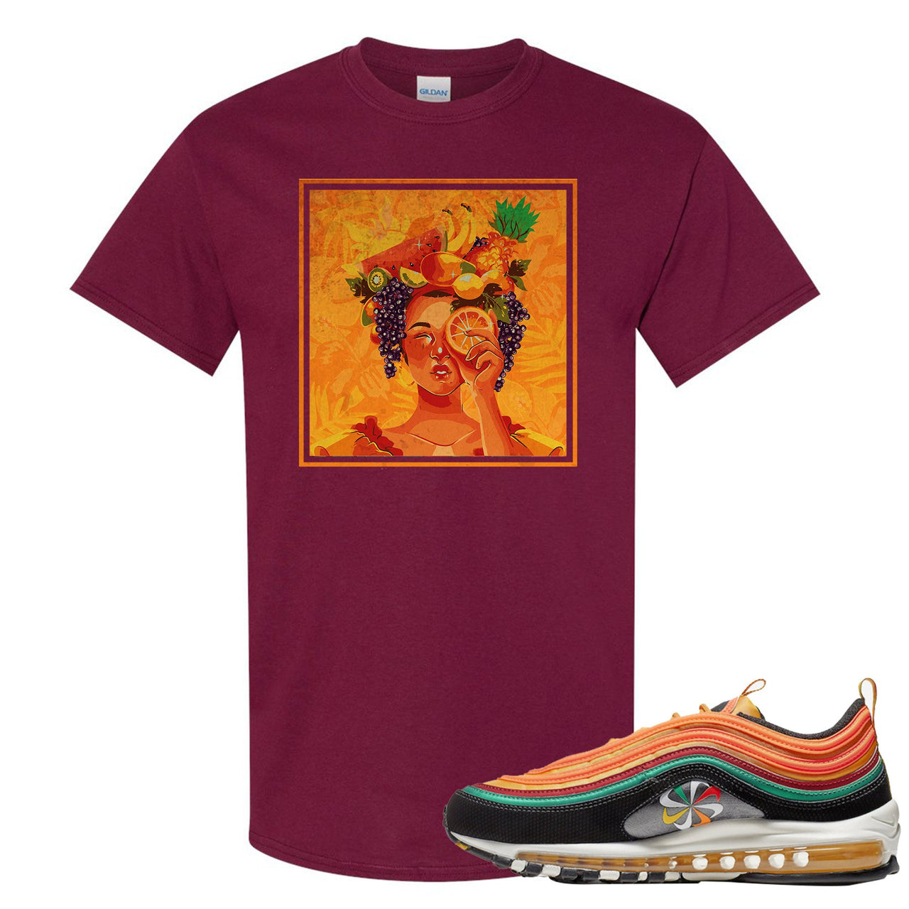 Printed on the front of the Air Max 97 Sunburst maroon sneaker matching t-shirt is the Lady Fruit logo