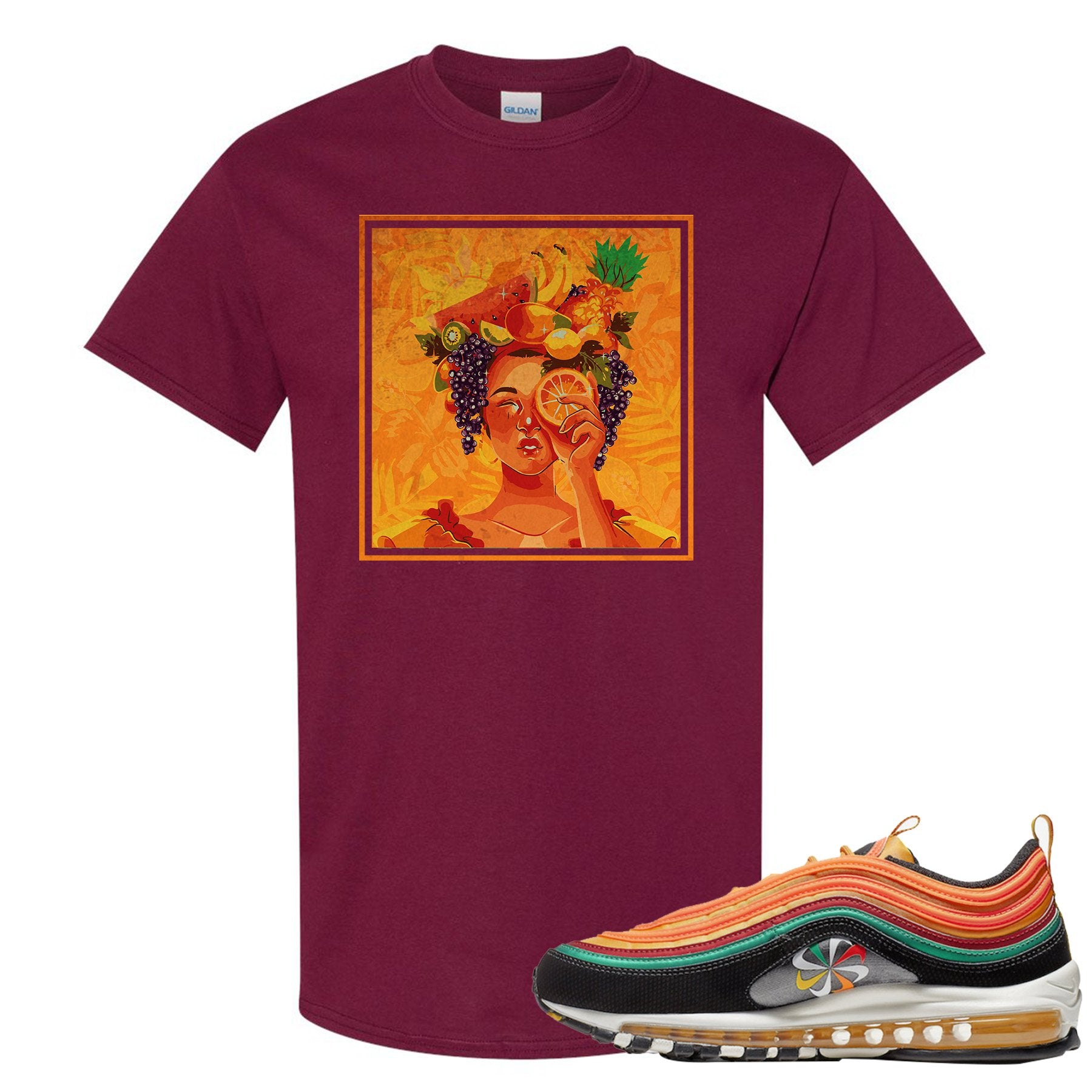 Printed on the front of the Air Max 97 Sunburst maroon sneaker matching t-shirt is the Lady Fruit logo