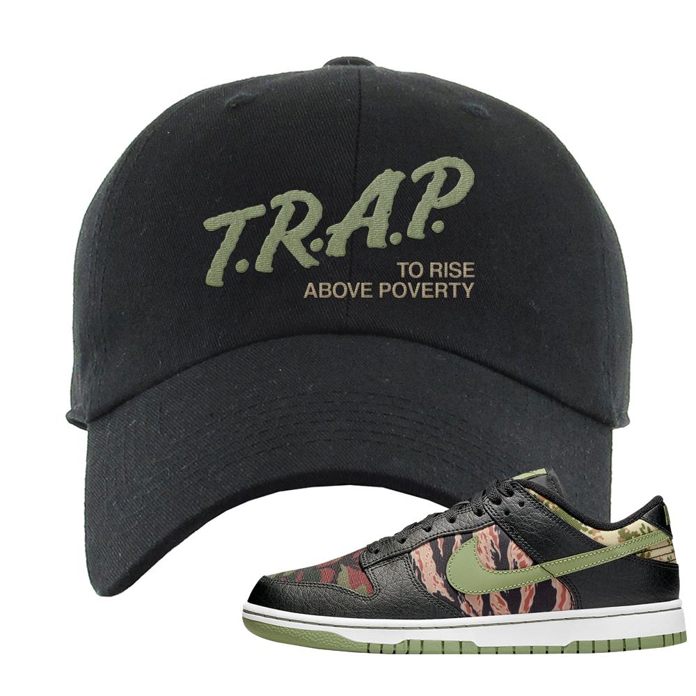 Multi Camo Low Dunks Dad Hat | Trap To Rise Above Poverty, Black